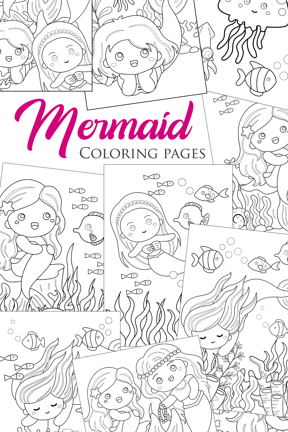 Cute Swimming Little Mermaid Cartoon Coloring Pages for Kids and Adult pinterest preview image.