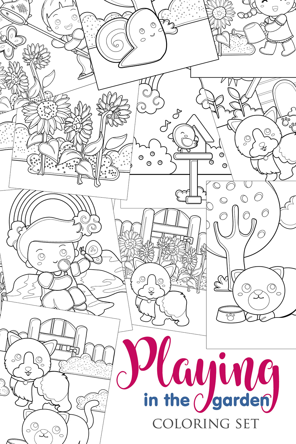 Kids Boy and Girl Playing in The Garden with Animals on Summer Holiday Coloring Set pinterest preview image.