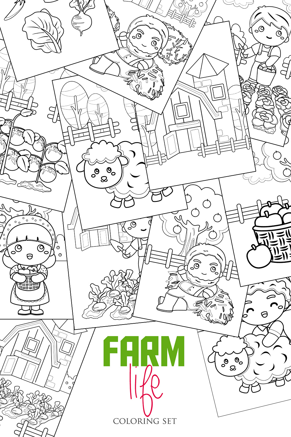Fun Farm Life Activity with Kids Farmer Family and Animals Coloring Pages Set pinterest preview image.