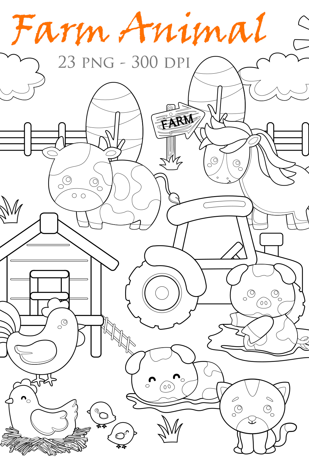 Farm Animal Barn Tractor Cow Chicken Pig Horse Cat Digital Stamp Outline pinterest preview image.