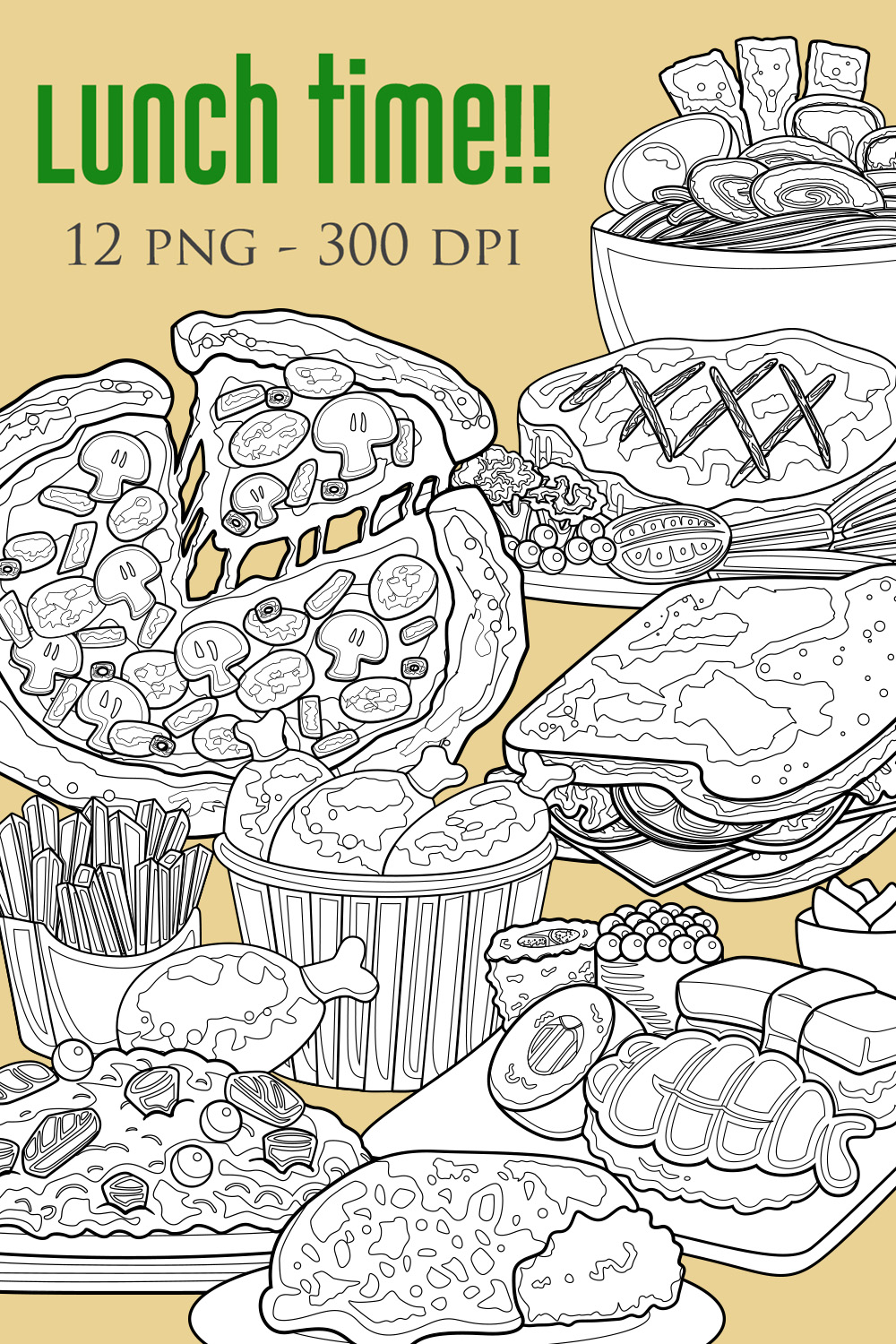 Lunch Time Junk Food Pizza Sandwich Sushi Ramen Noodle Rice Chicken Steak Digital Stamp Outline pinterest preview image.