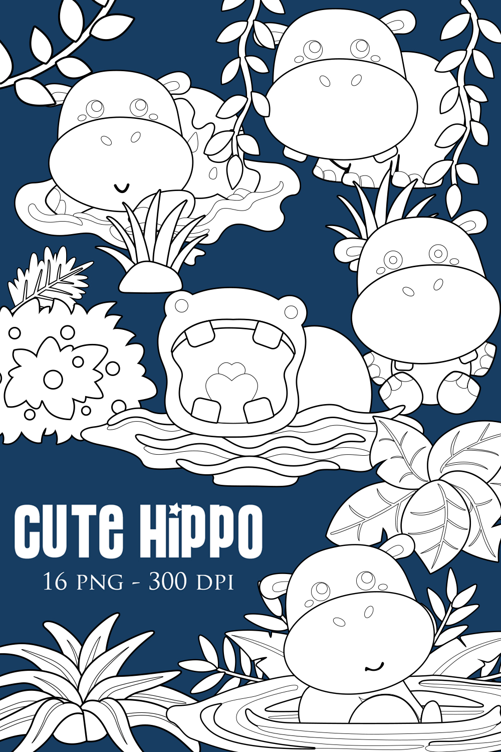 Cute Hippopotamus Animal Digital Stamp Outline pinterest preview image.