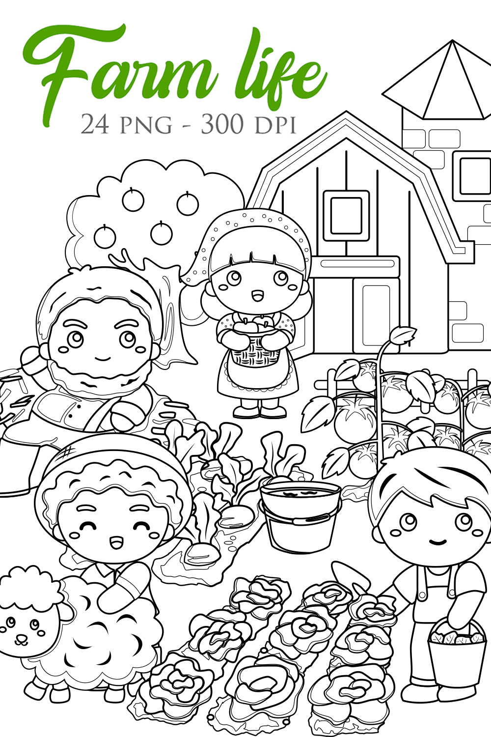 Farmer Family Farm Life Harvest Vegetables and Animals Digital Stamp Outline pinterest preview image.