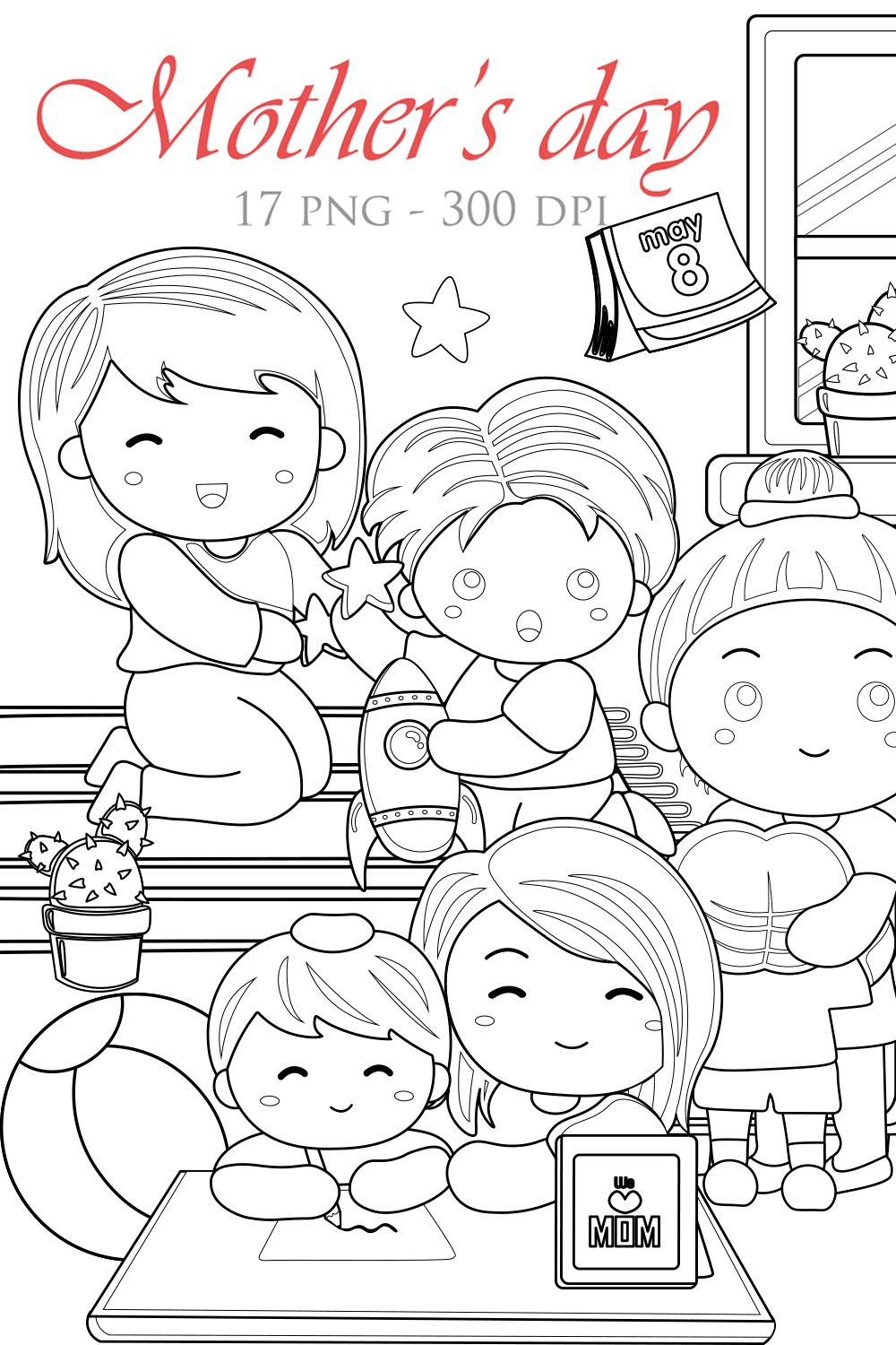 Mother's Day Activity at Home With Kids Boy and Girl With Love Digital Stamp Outline pinterest preview image.