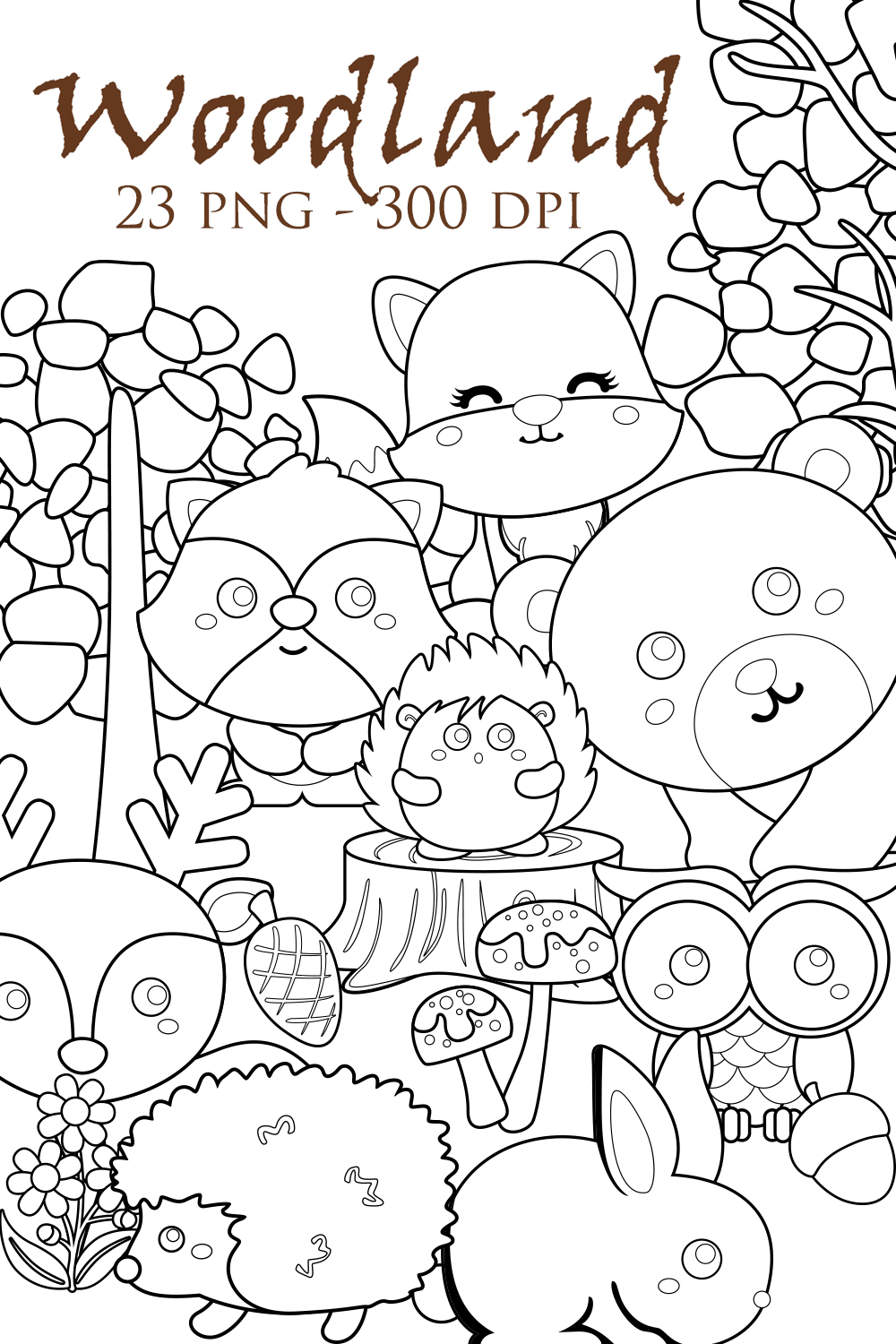 Woodland Animals Nature Forest Jungle Bear Owl Bird Deer Rabbit Fox Digital Stamp Outline pinterest preview image.