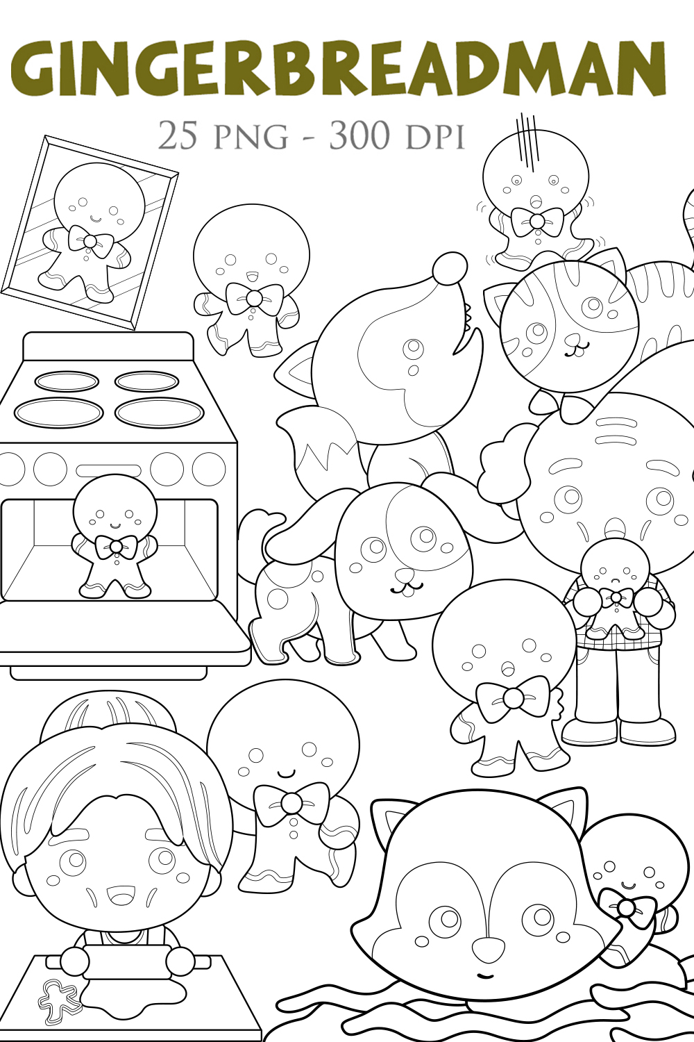 Cute Gingerbread Cookies Kitchen and Man and Animals Digital Stamp Outline pinterest preview image.