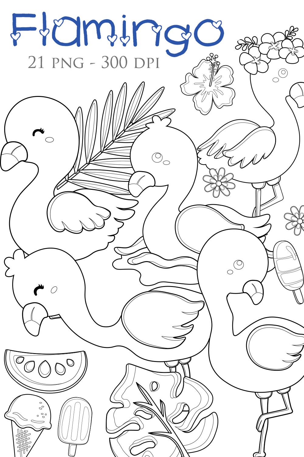 Funny Flamingo Bird Animal and Summer Fruits Coconut Pineapple Nature Holiday Digital Stamp Outline pinterest preview image.