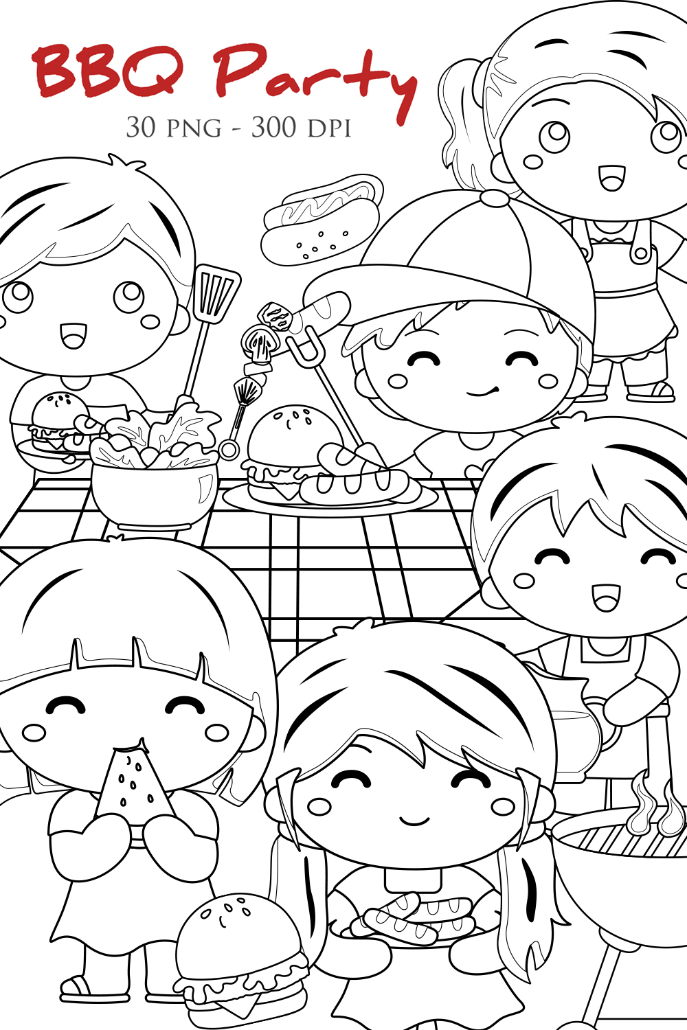 Kids Activity Outdoor Barbeque BBQ Party on Holiday Digital Stamp Outline pinterest preview image.