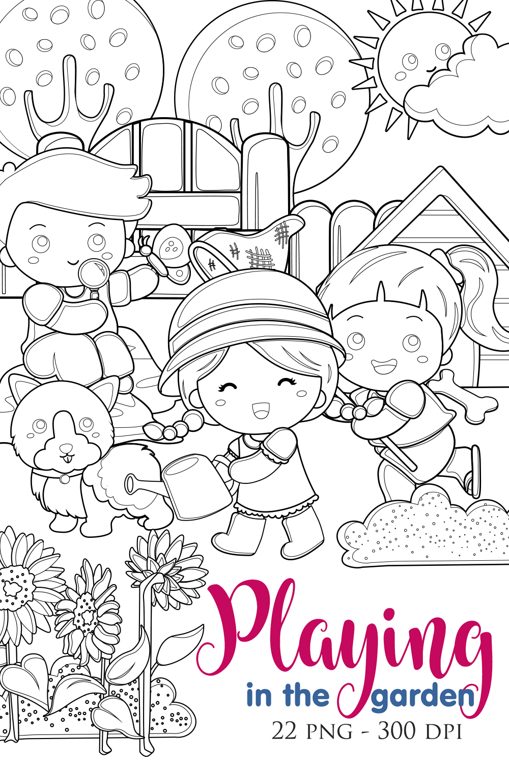 Cute Kids Fun Playing in the Garden on Summer Holiday Activity Digital Stamp Outline pinterest preview image.