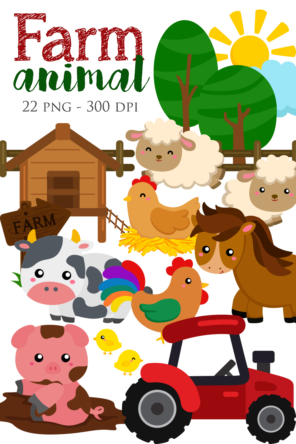 Cute Nature Farm Animal Chicken Pig Cow Horse Sheep Duck Illustration Vector Clipart Cartoon pinterest preview image.