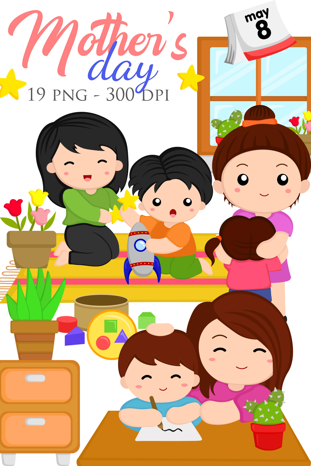 Beautiful Mother's Day Celebrate Love Kids Boy and Girl at Home Illustration Vector Clipart Cartoon pinterest preview image.