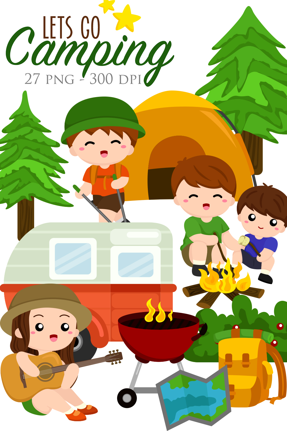 Happy Kids Doing Nature Fun Outdoor Camping Activity on Holiday Illustration Vector Clipart pinterest preview image.