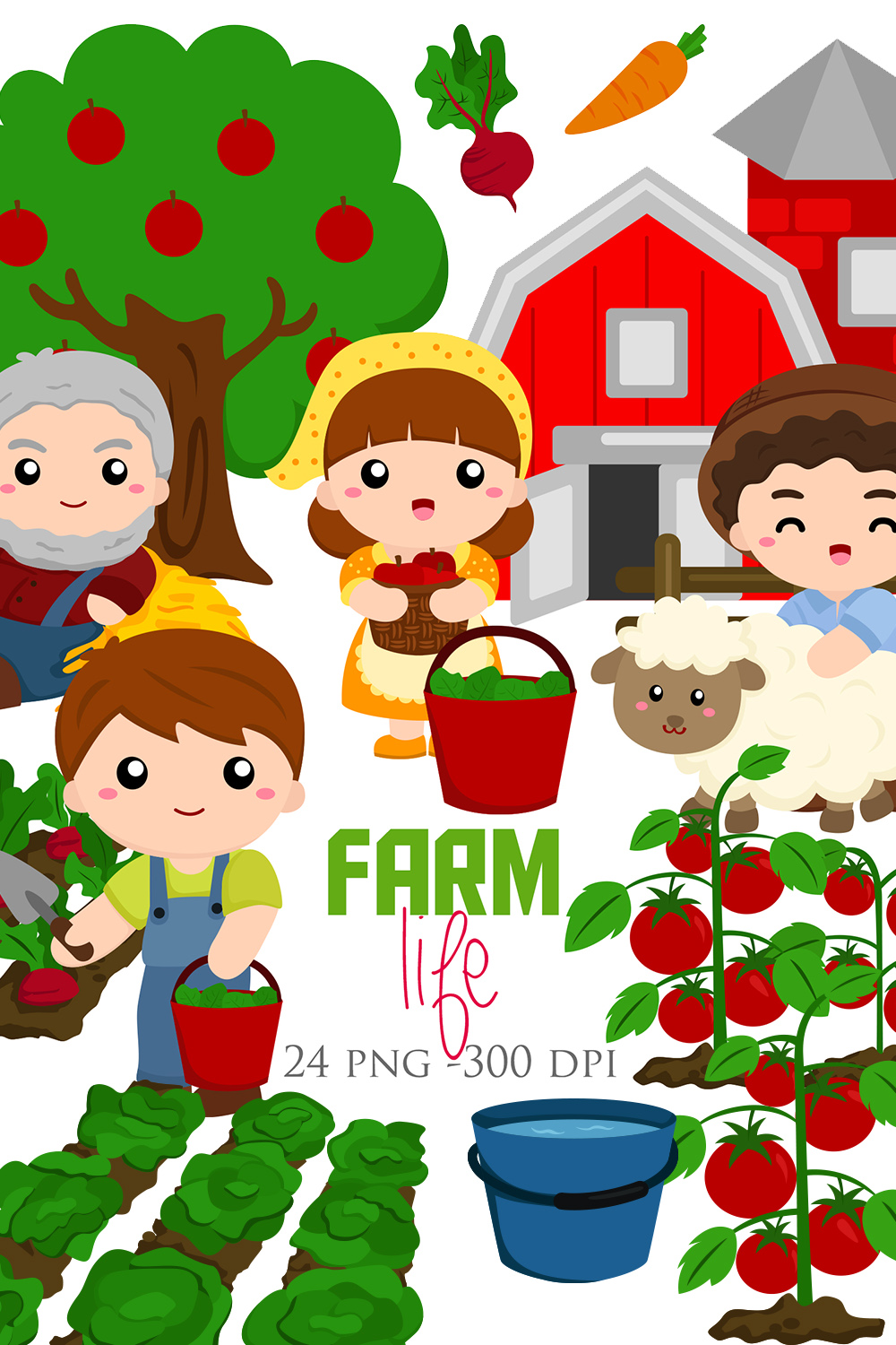 Kids and Farmer Family Farm Life Illustration Vector Clipart Cartoon pinterest preview image.