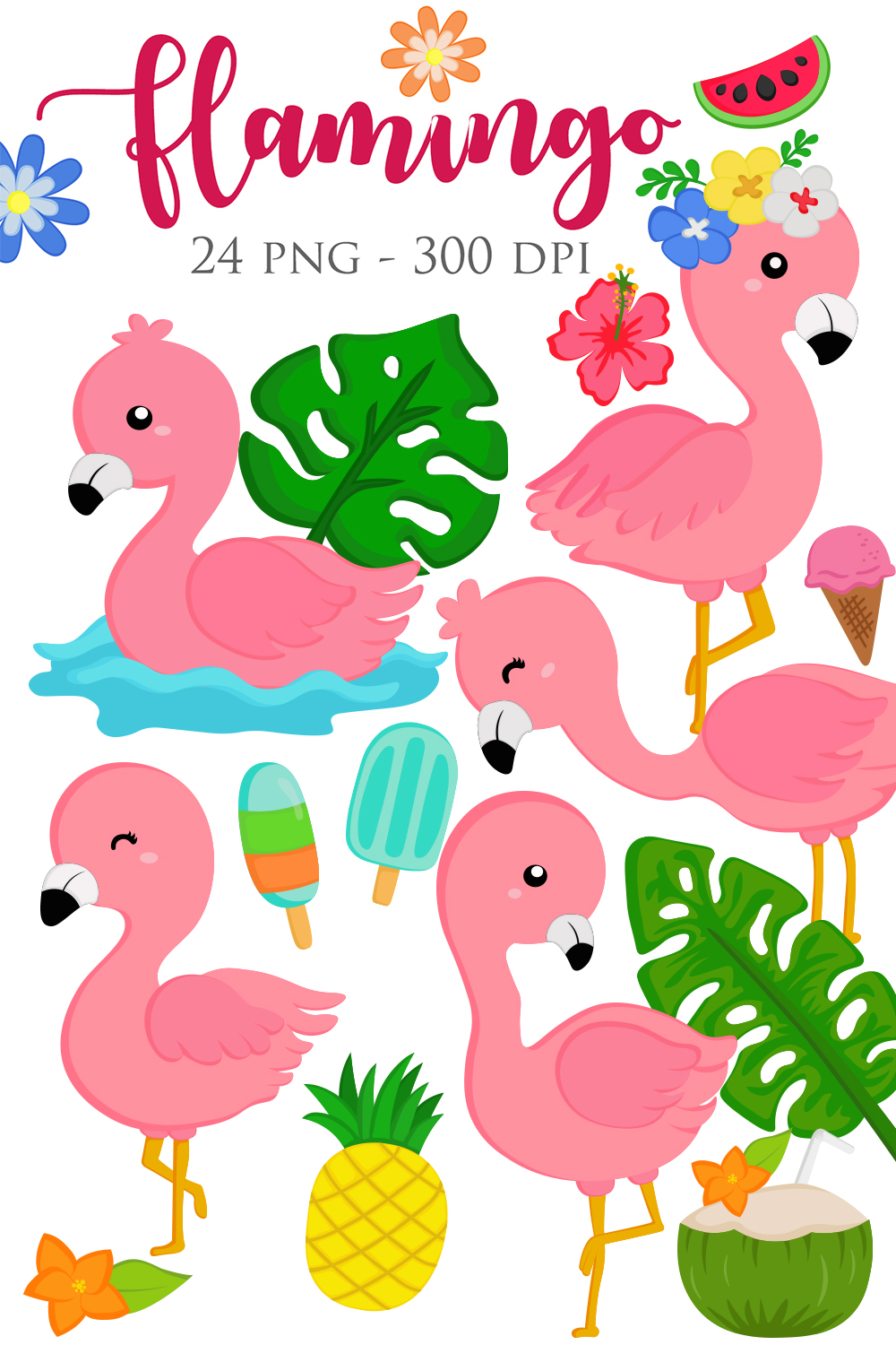 Cute Pink Flamingo Bird Animal Summer Party Nature Illustration Vector Clipart Cartoon pinterest preview image.