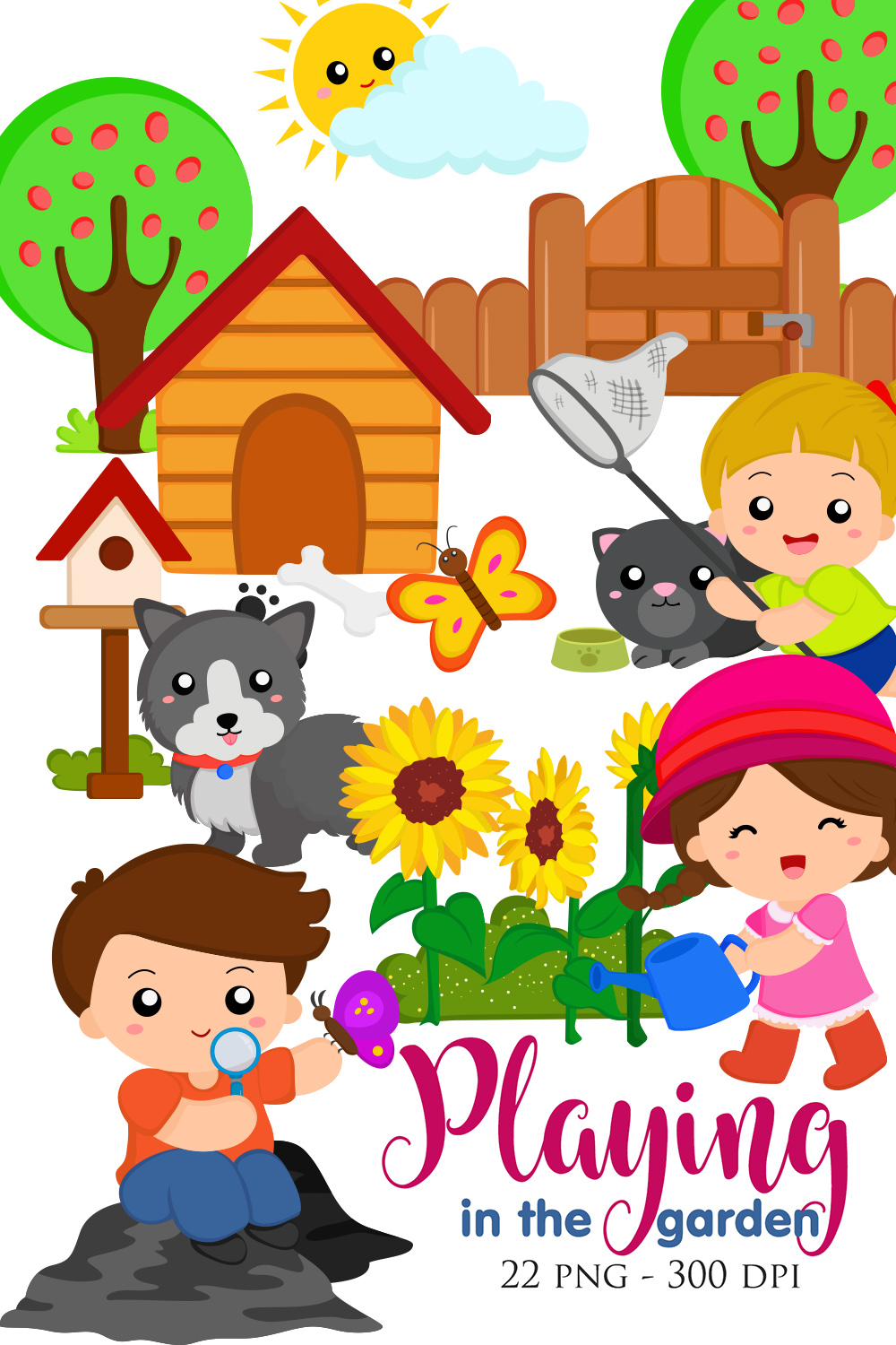 Kids Playing at Outdoor Garden on Holiday Summer with Animals Illustration Vector Clipart Cartoon pinterest preview image.