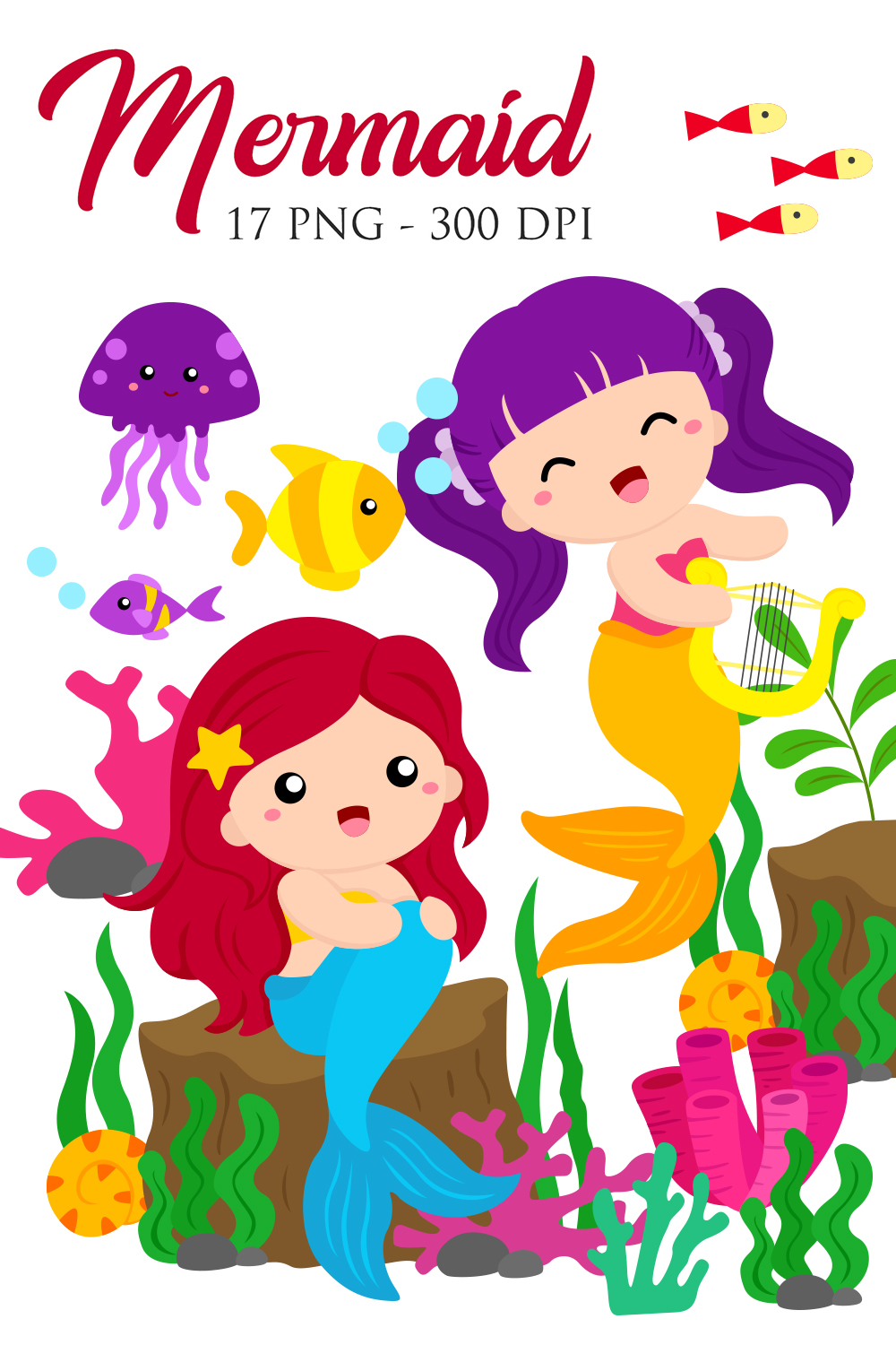 Colorful Little Mermaid with Sea Animals Illustration Vector Clipart Cartoon pinterest preview image.