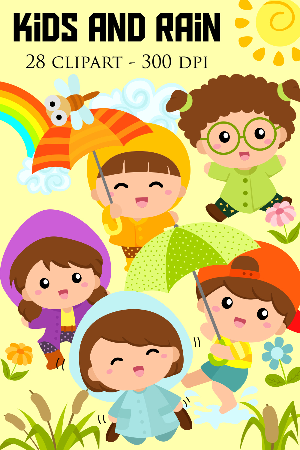 Happy Kids Playing With Rain in The Garden with Animals Illustration Vector Clipart pinterest preview image.