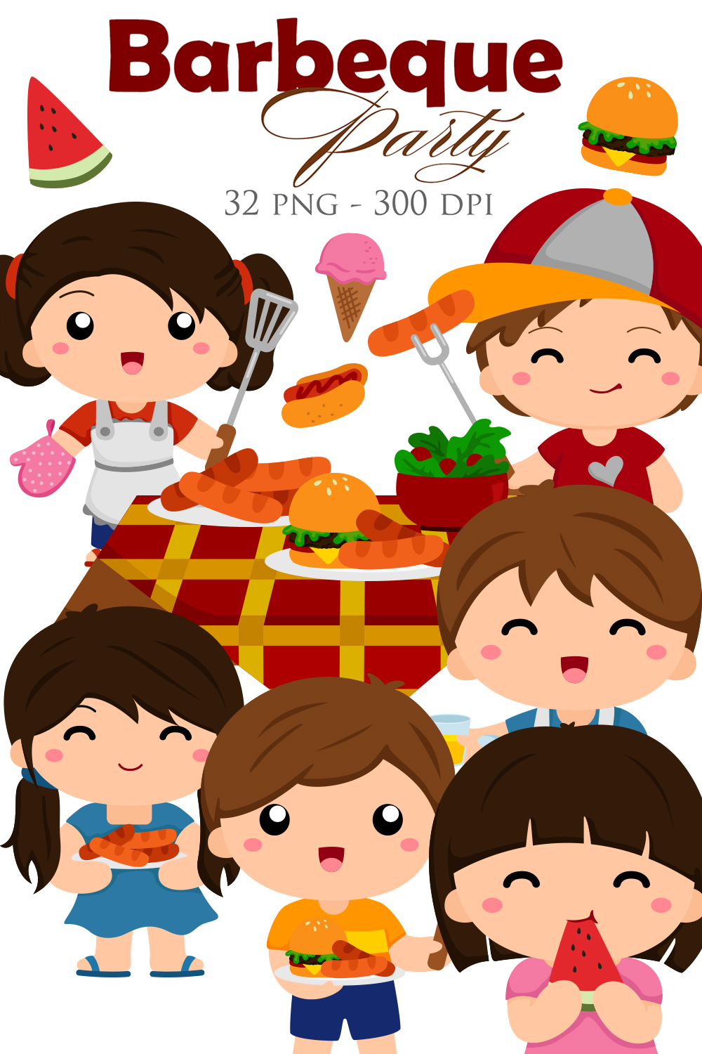 Cute Kids Barbeque Party Outdoor Activity Illustration Vector Clipart pinterest preview image.
