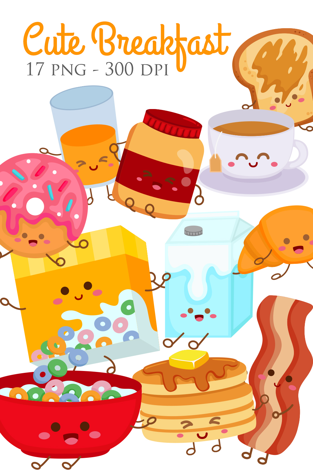 Delicious Breakfast Food and Drink Cereal Bacon Sunny Side Egg Cheese Sausage Doughnut Bread Toast Jam Tea Coffee Illustration Vector Clipart Cartoon pinterest preview image.
