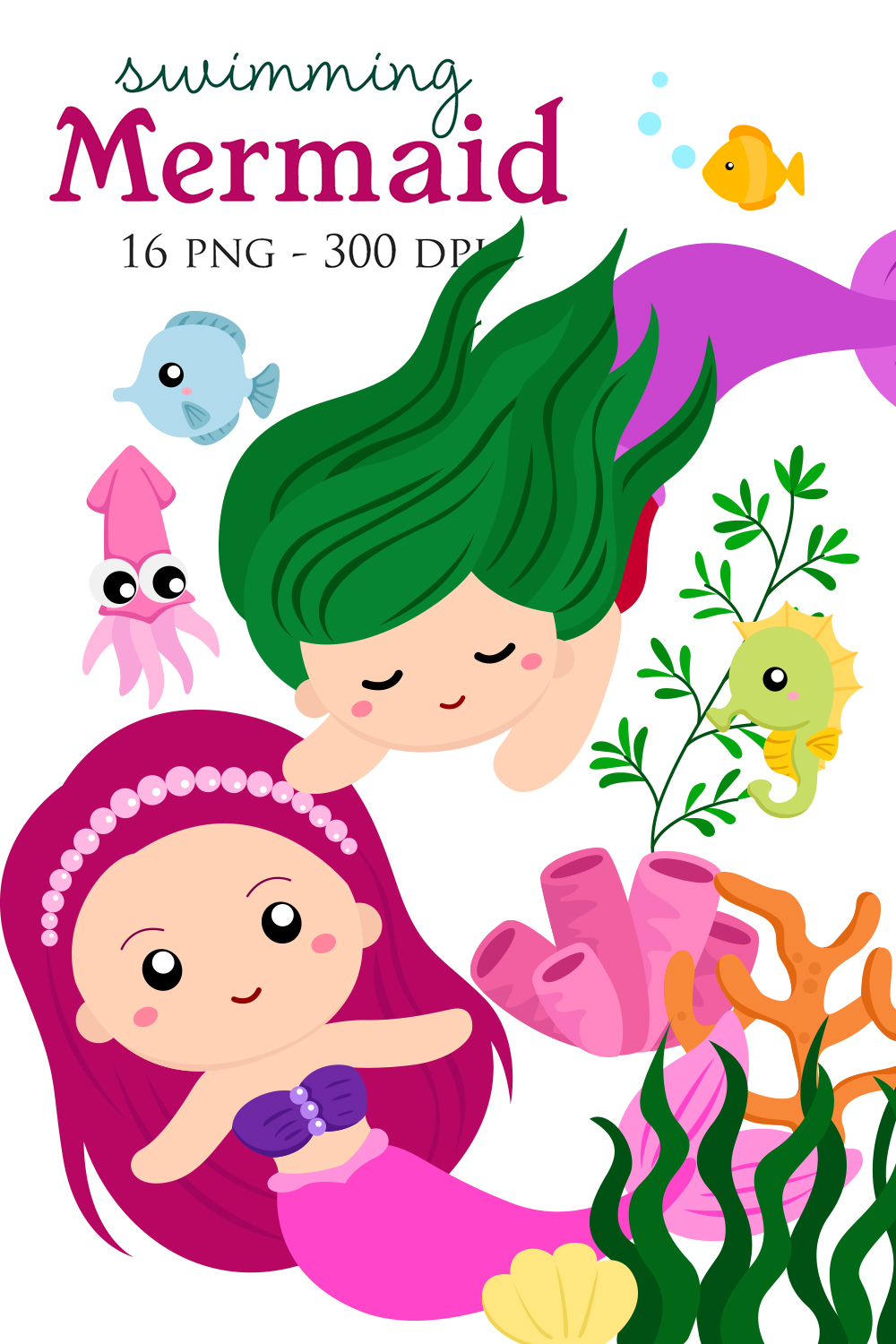 Pink Swimming Mermaid Cute Girl and Sea Animals Illustration Vector Clipart Cartoon pinterest preview image.