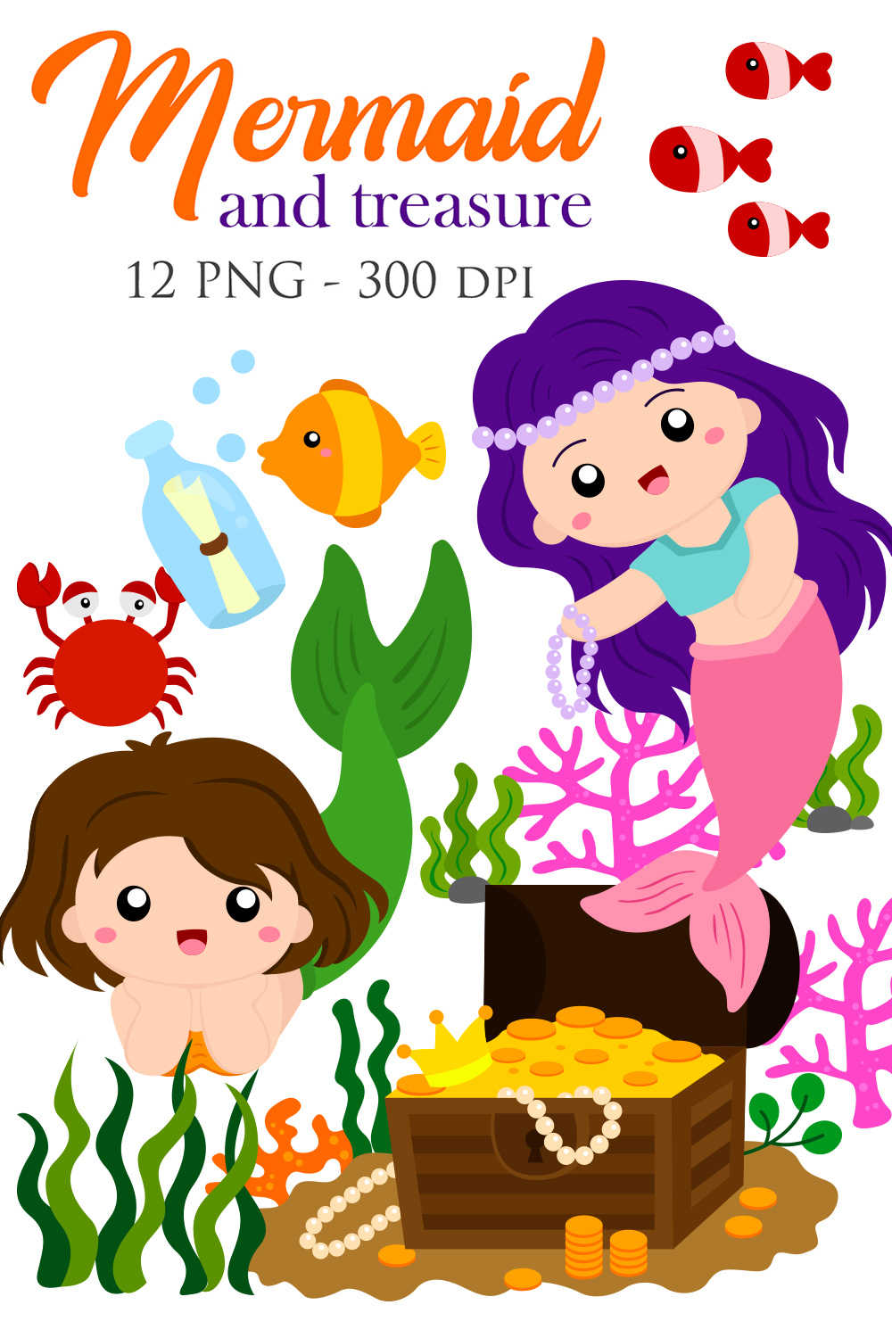 Beautiful Colorful Little Mermaid and Sea Treasure Background Illustration Vector Clipart Cartoon pinterest preview image.