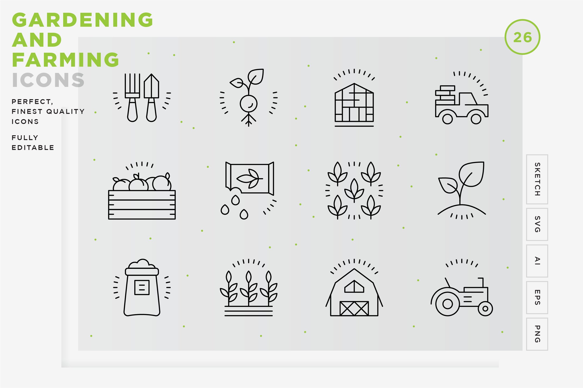 Gardening and Farming icons cover image.