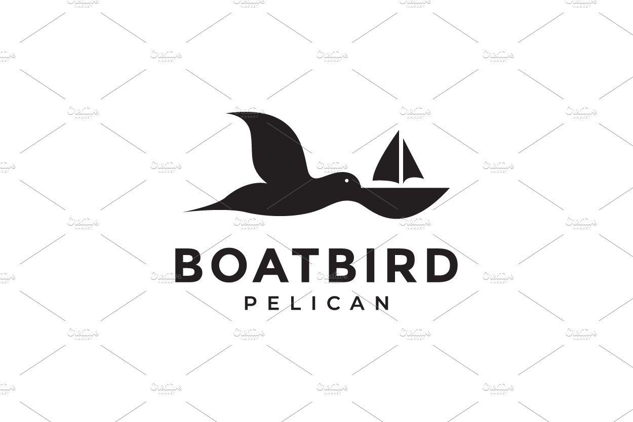 flying pelican with boat logo design cover image.