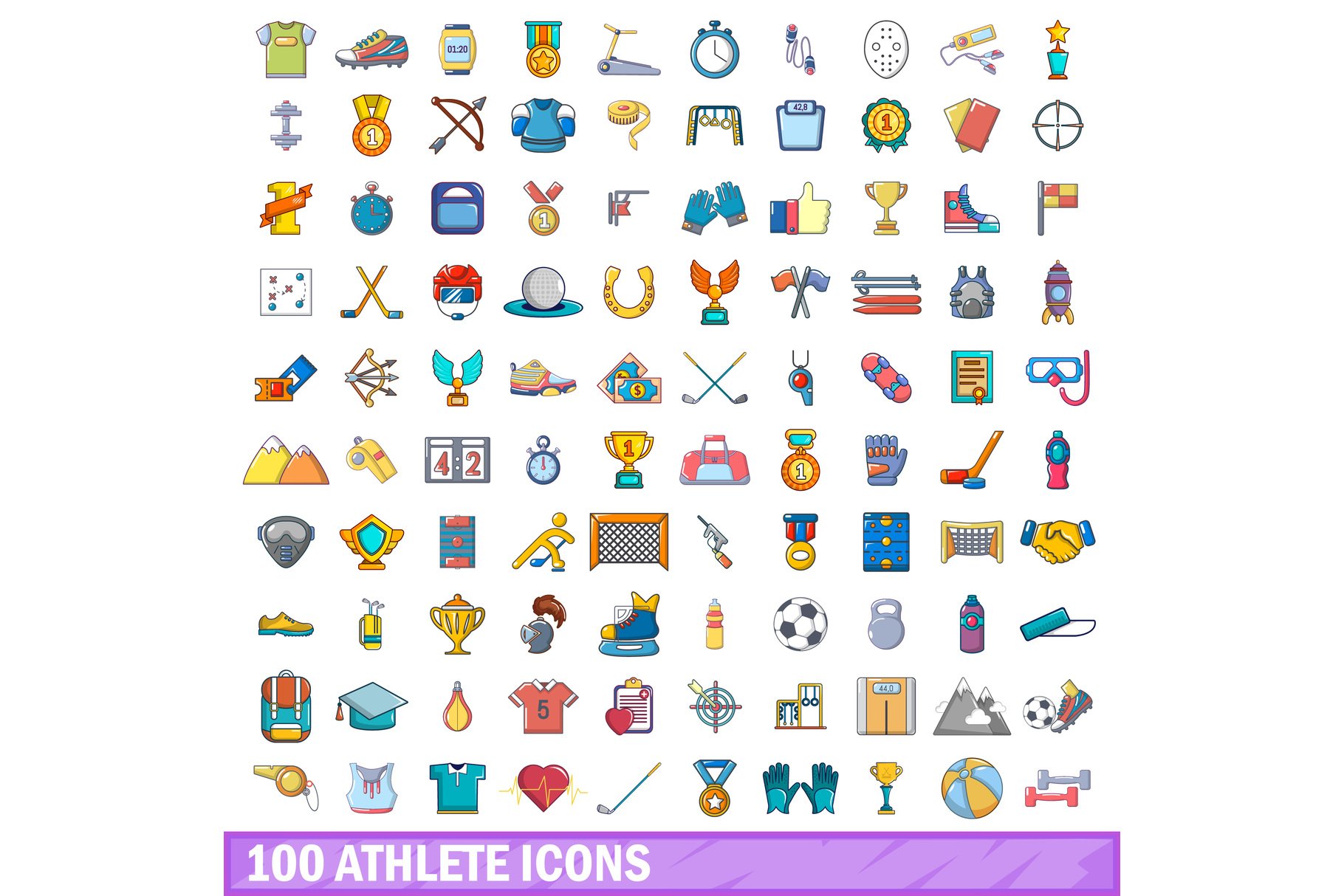 100 athlete icons set, cartoon style cover image.