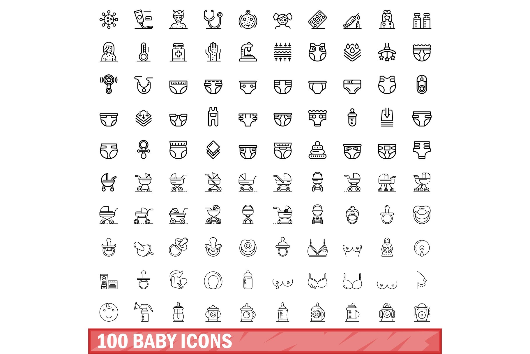 100 baby icons set, outline style cover image.