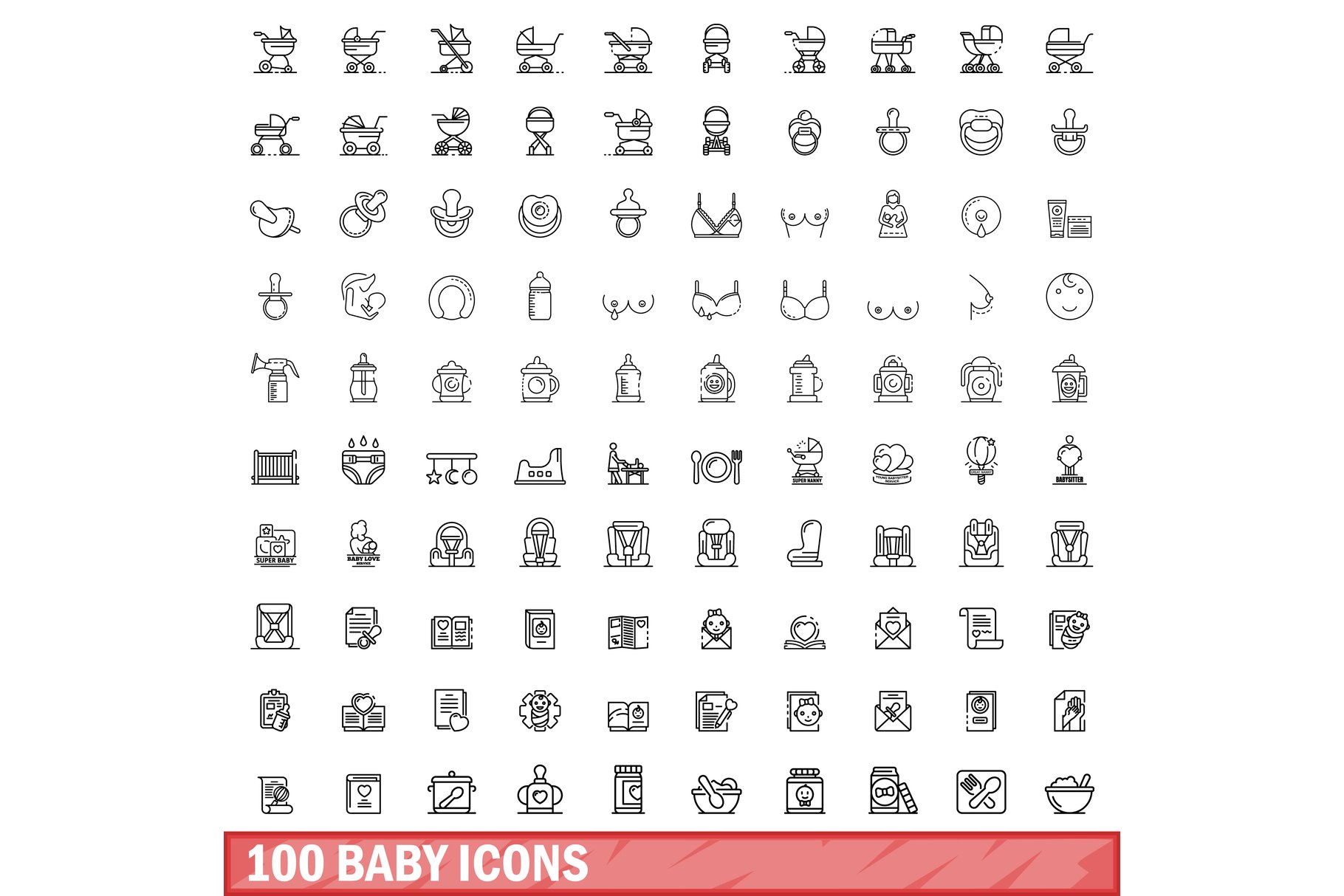 100 baby icons set, outline style cover image.