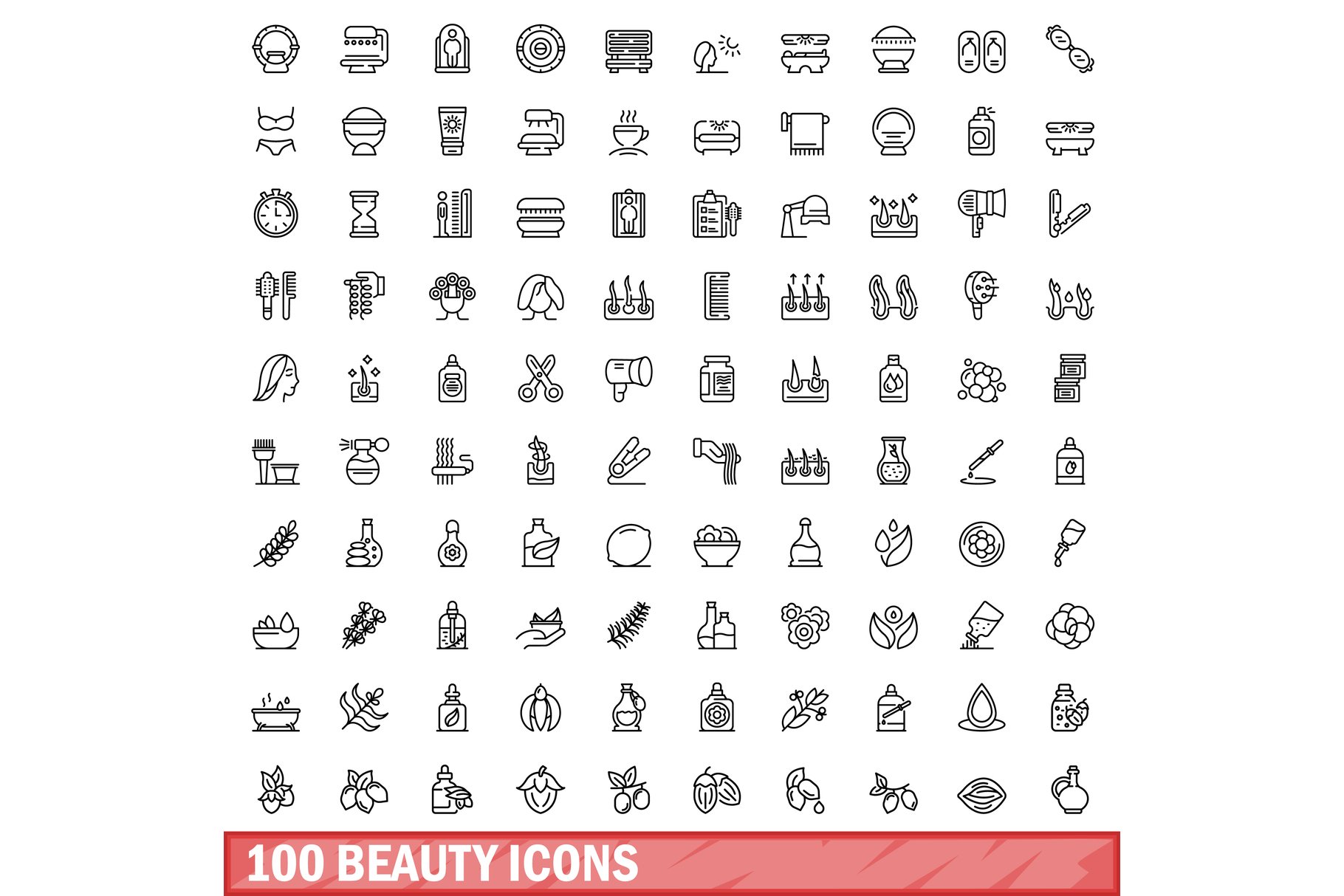 100 beauty icons set, outline style cover image.