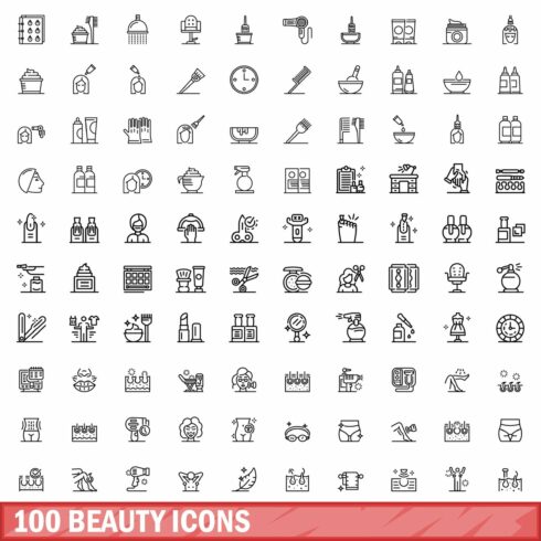 100 beauty icons set, outline style cover image.