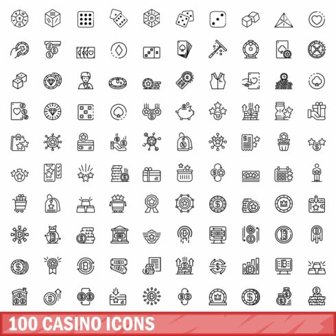 100 casino icons set, outline style cover image.