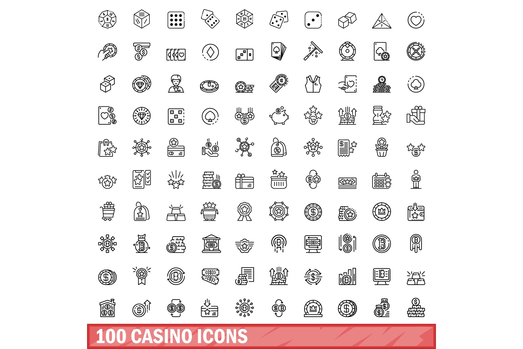 100 casino icons set, outline style cover image.