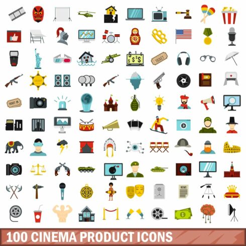 100 cinema product icons set cover image.