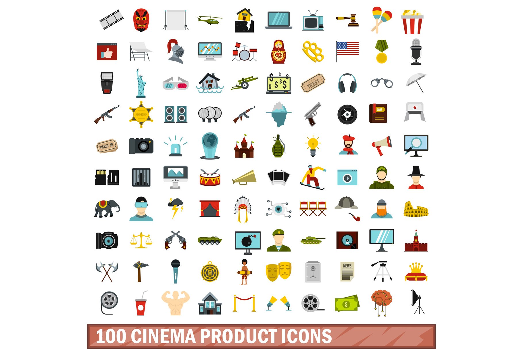 100 cinema product icons set cover image.