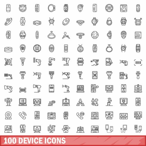 100 device icons set, outline style cover image.