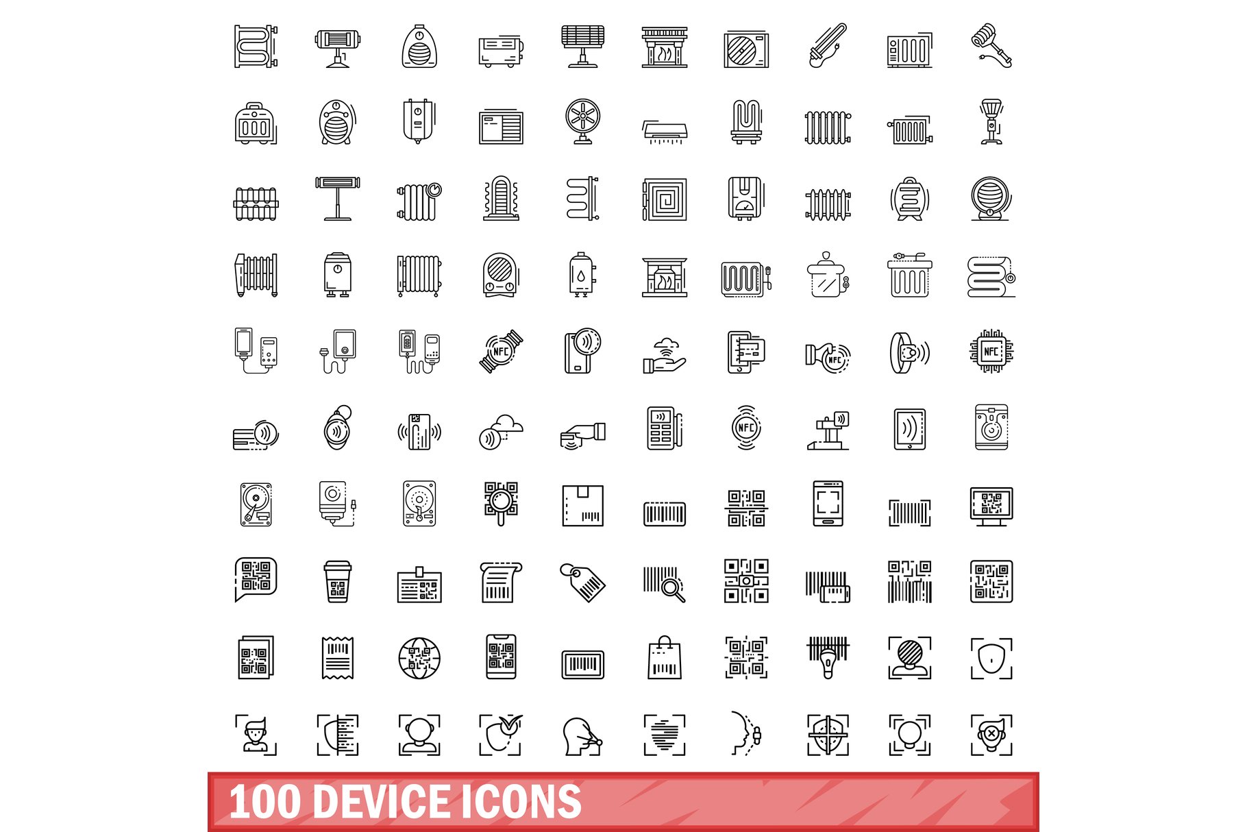 100 device icons set, outline style cover image.