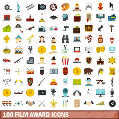 100 film award icons set, flat style cover image.