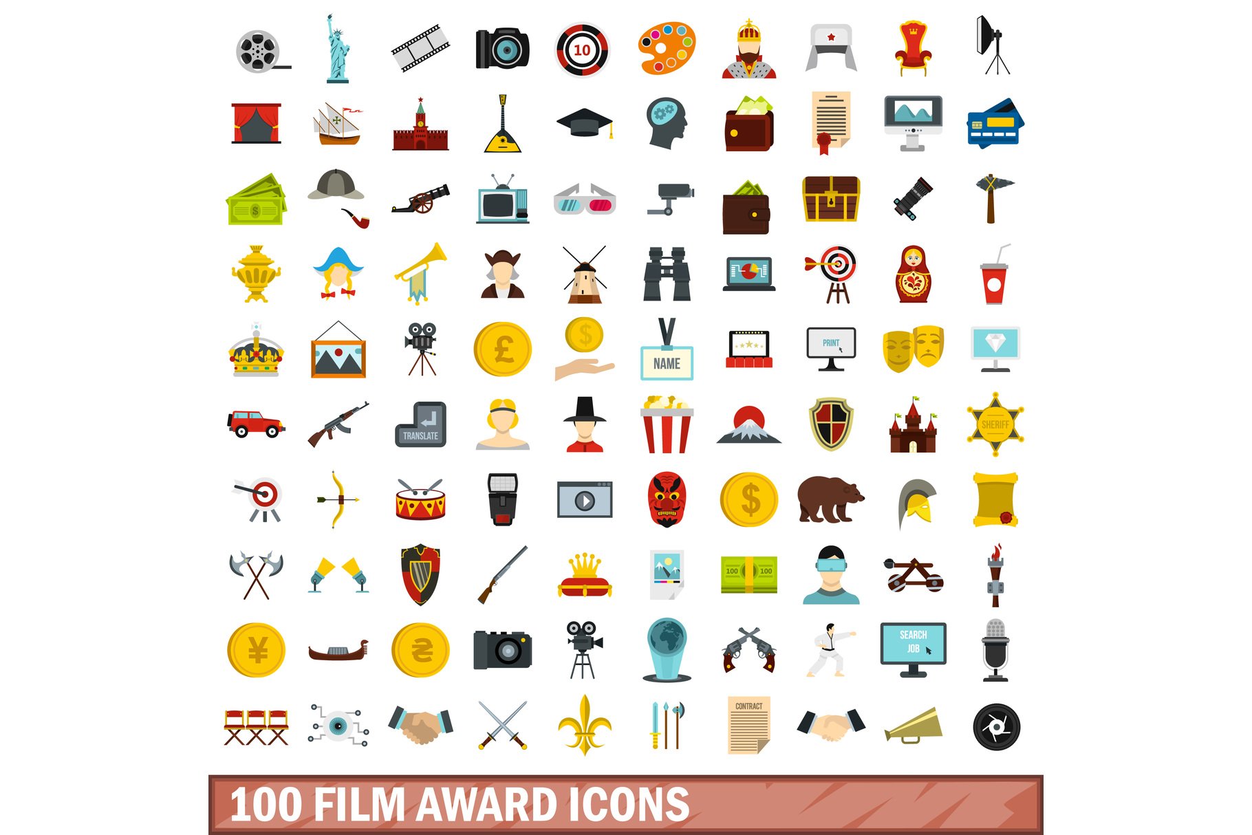 100 film award icons set, flat style cover image.