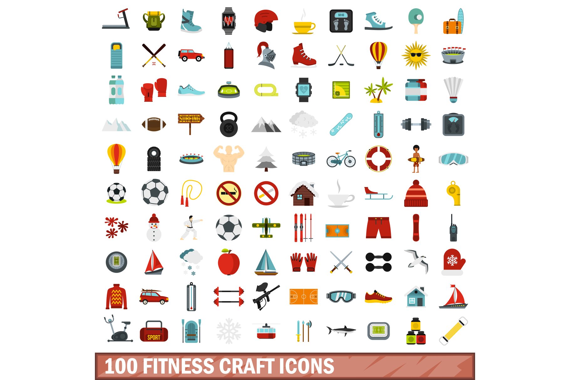 100 fitness craft icons set cover image.
