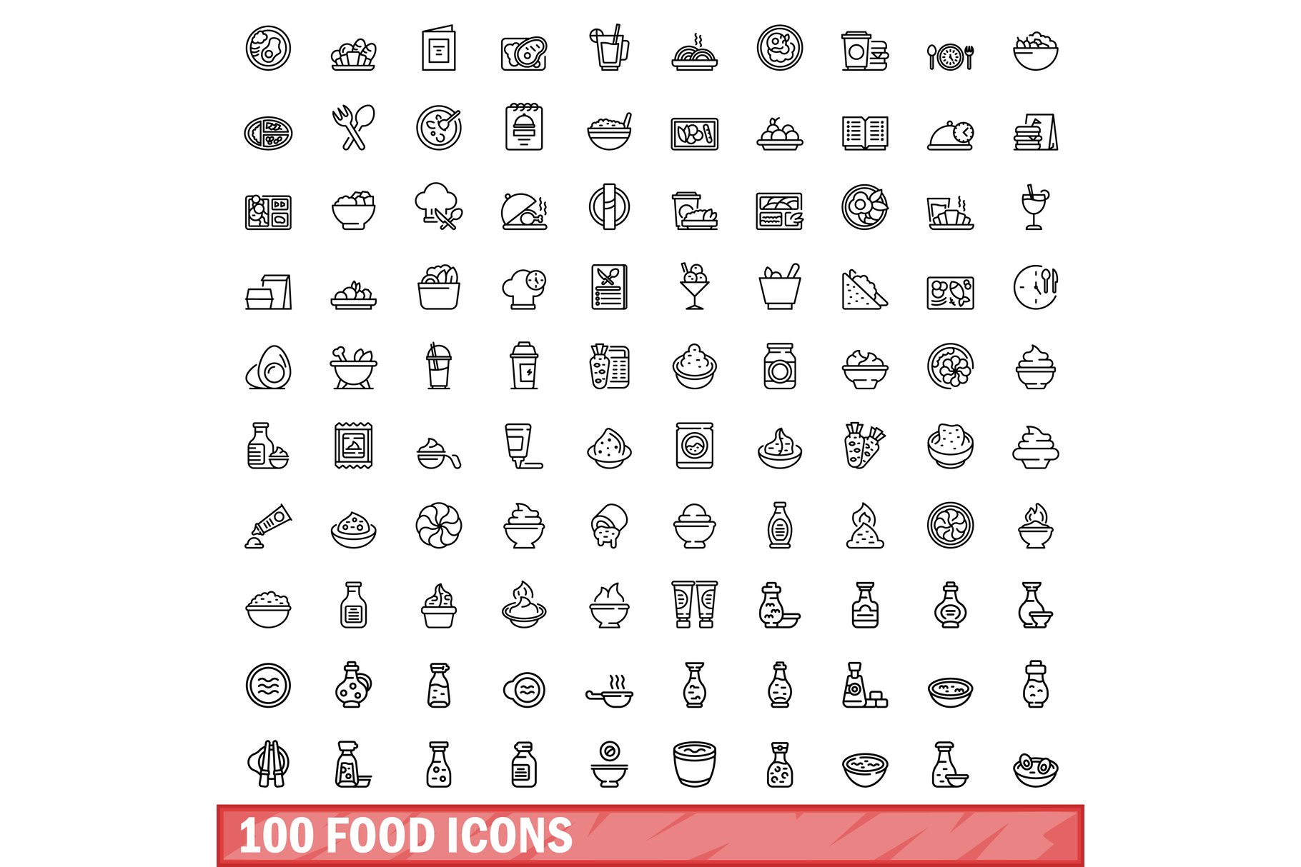 100 food icons set, outline style cover image.