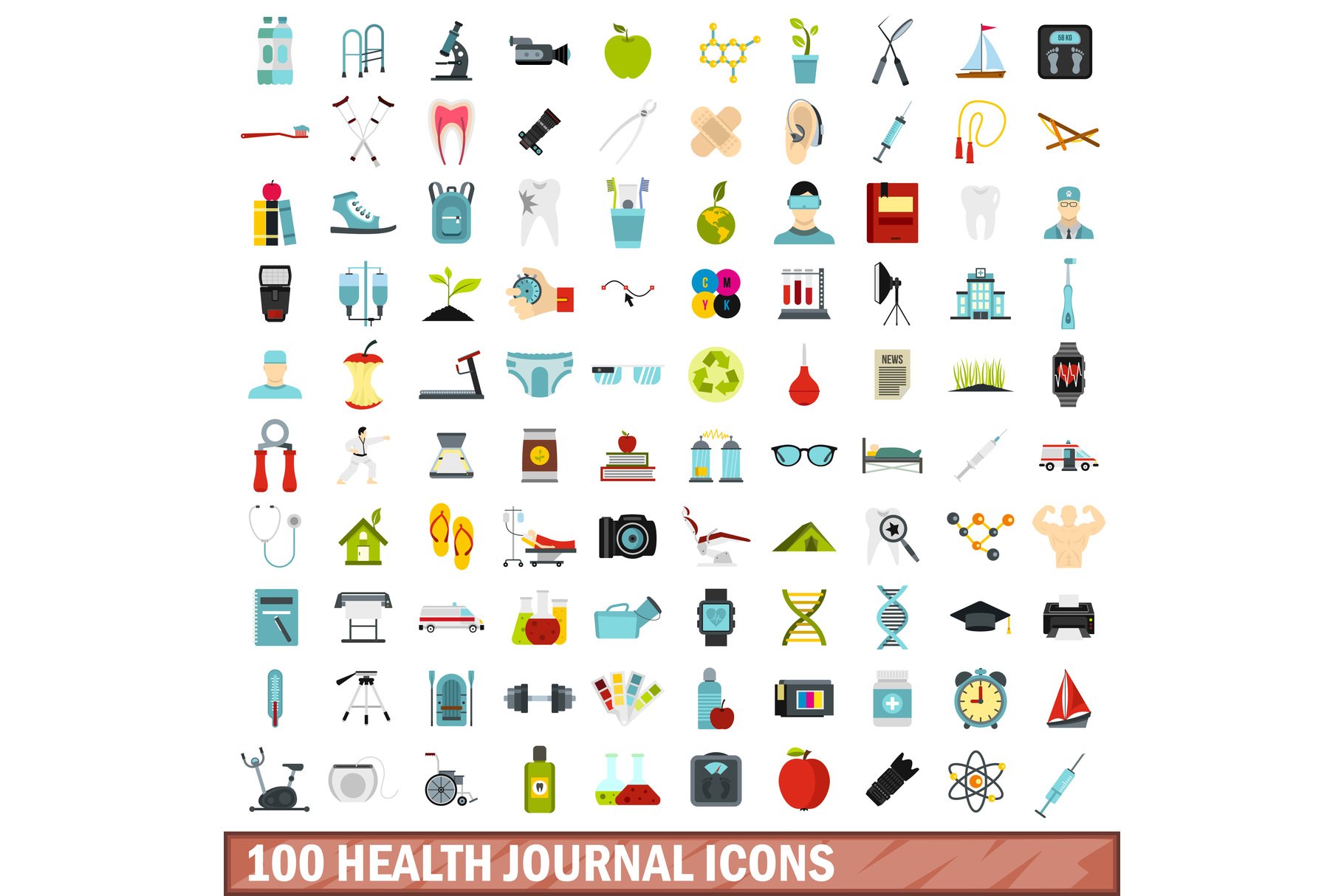 100 health journal icons set cover image.