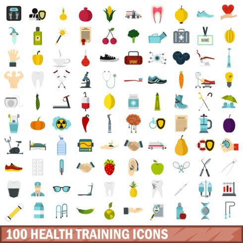 100 health training icons set cover image.