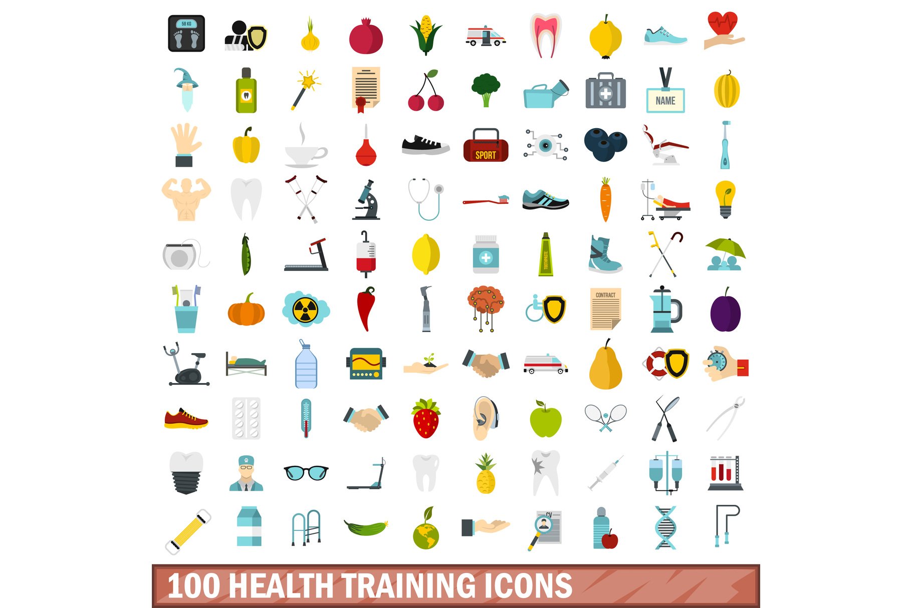 100 health training icons set cover image.