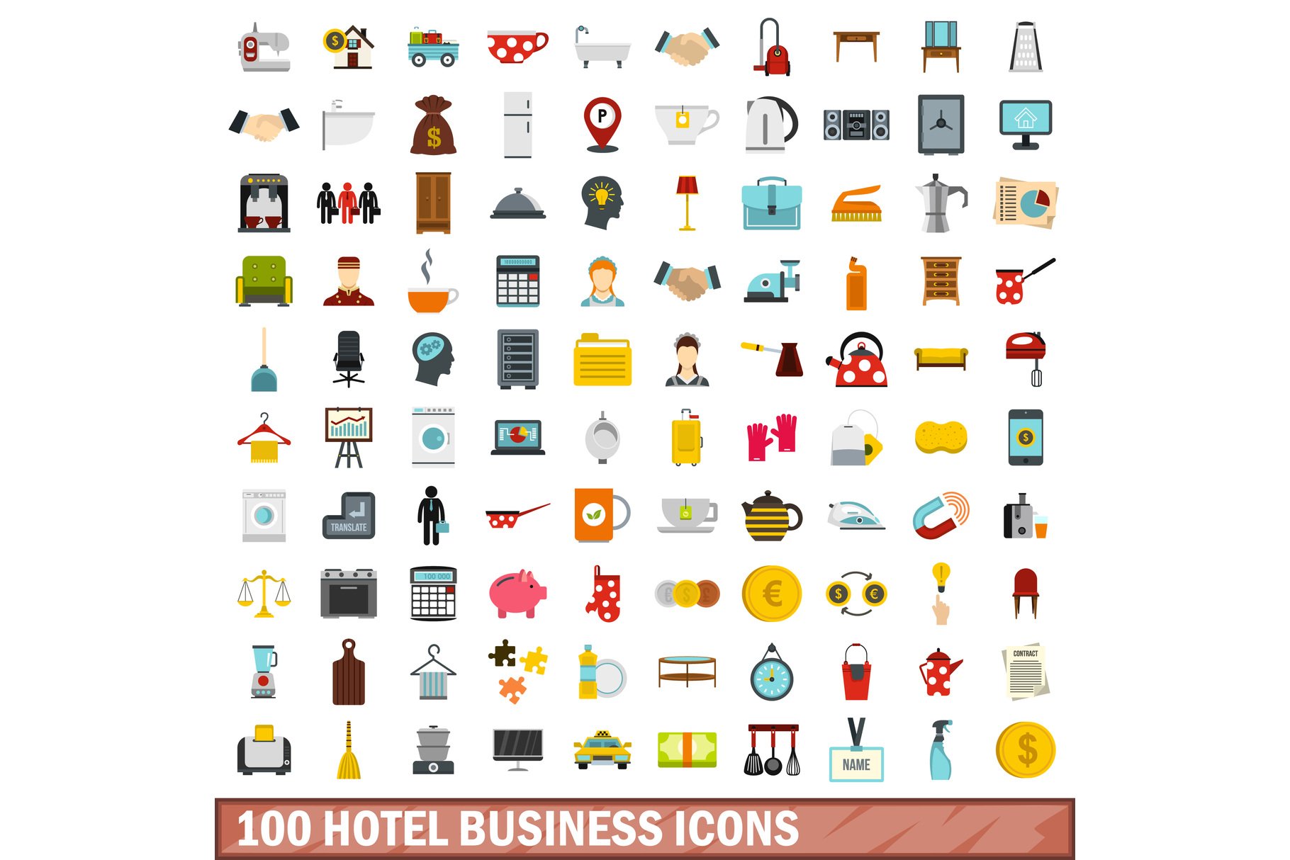 100 hotel business icons set cover image.