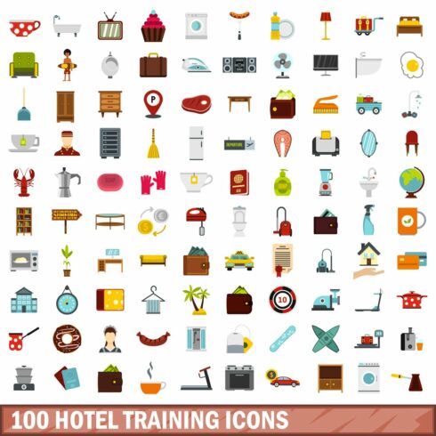 100 hotel training icons set cover image.