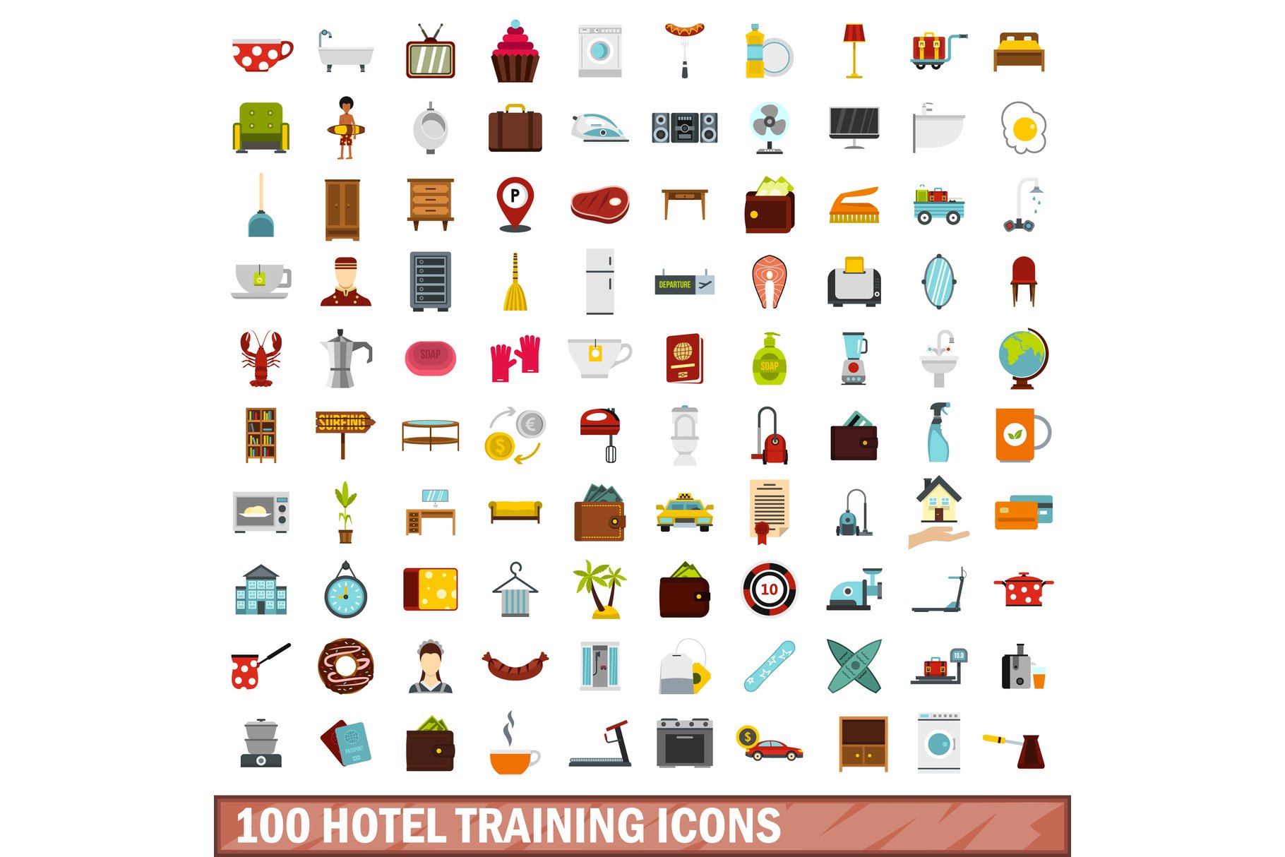 100 hotel training icons set cover image.