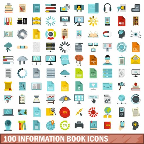 100 information book icons set, flat cover image.