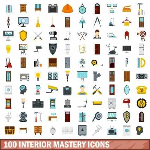 100 interior mastery icons set, flat cover image.